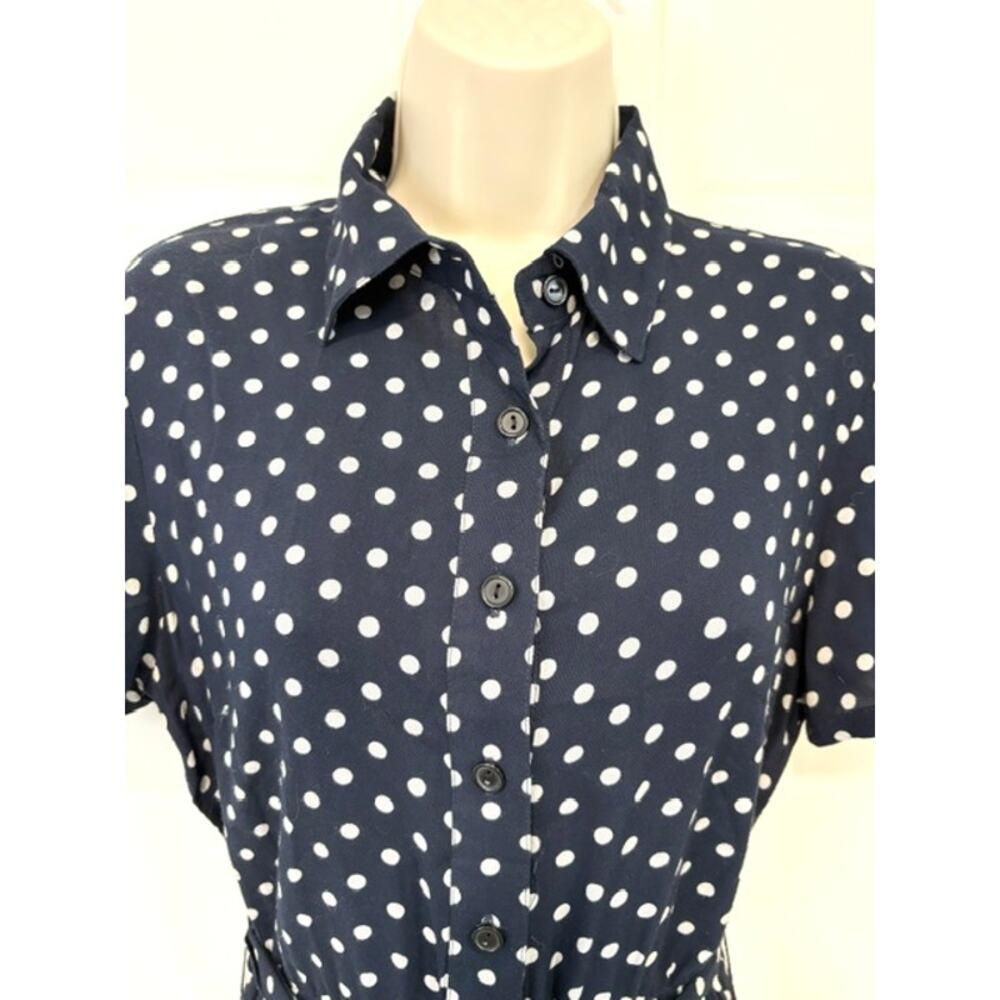 Orvis Polka Dot Midi Shirt Dress Size 6 Navy Blue Rayon Button Front Pockets - Picture 4 of 13